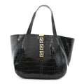 Calfskin Crocodile Embossed Greca Goddess Tote Bag Black