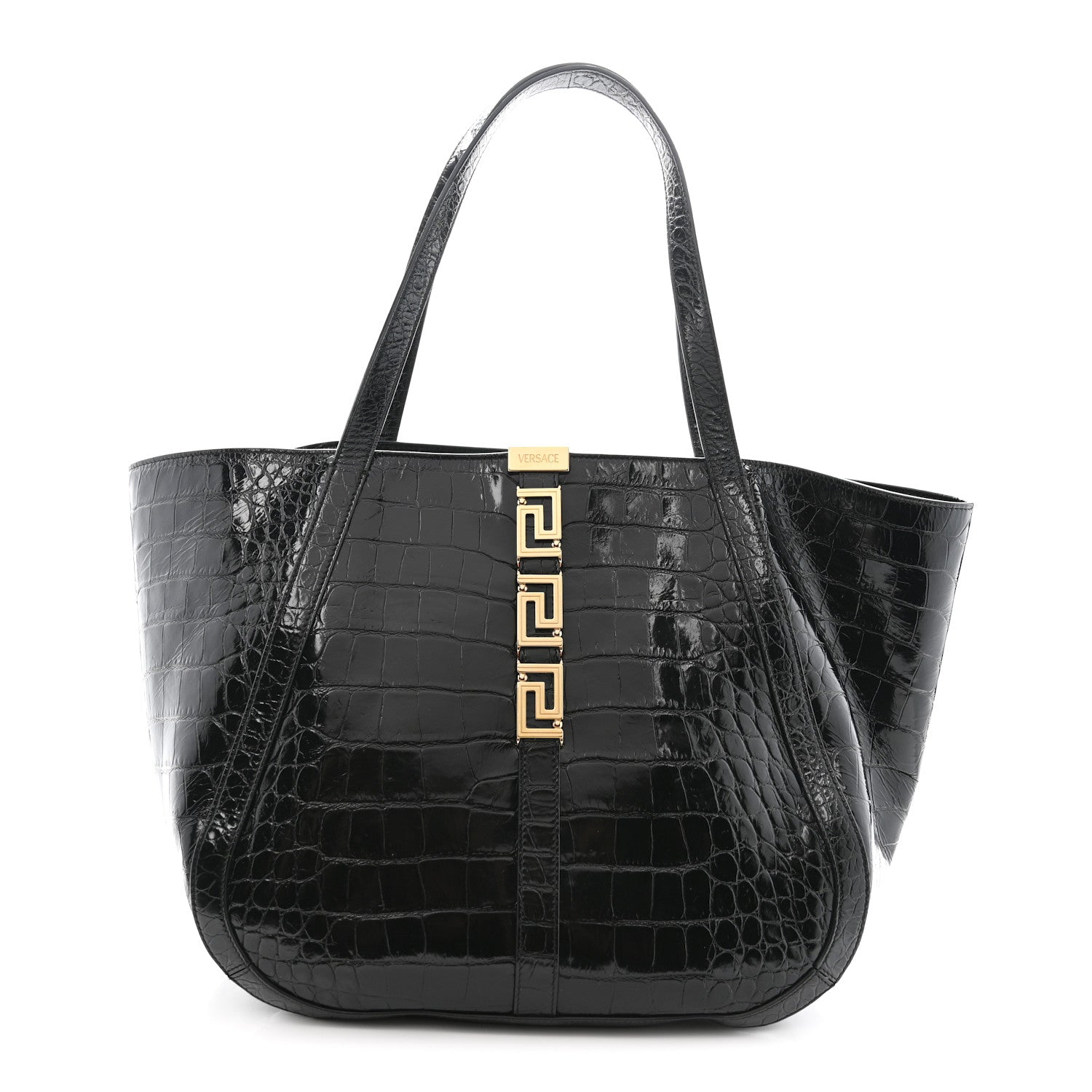 Calfskin Crocodile Embossed Greca Goddess Tote Bag Black