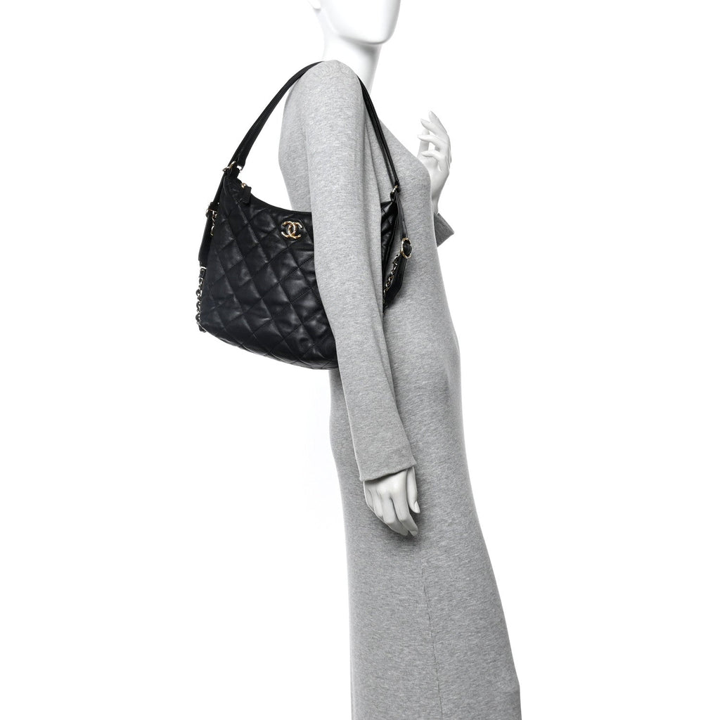 Lambskin Quilted Maxi Hobo Black