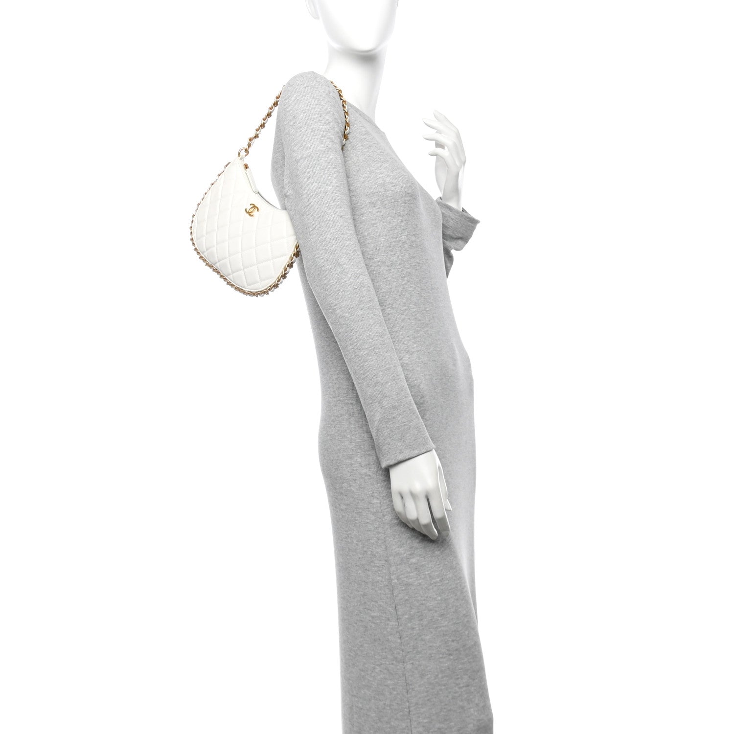 Shiny Crumpled Lambskin Quilted Trendy Chain Around Hobo White
