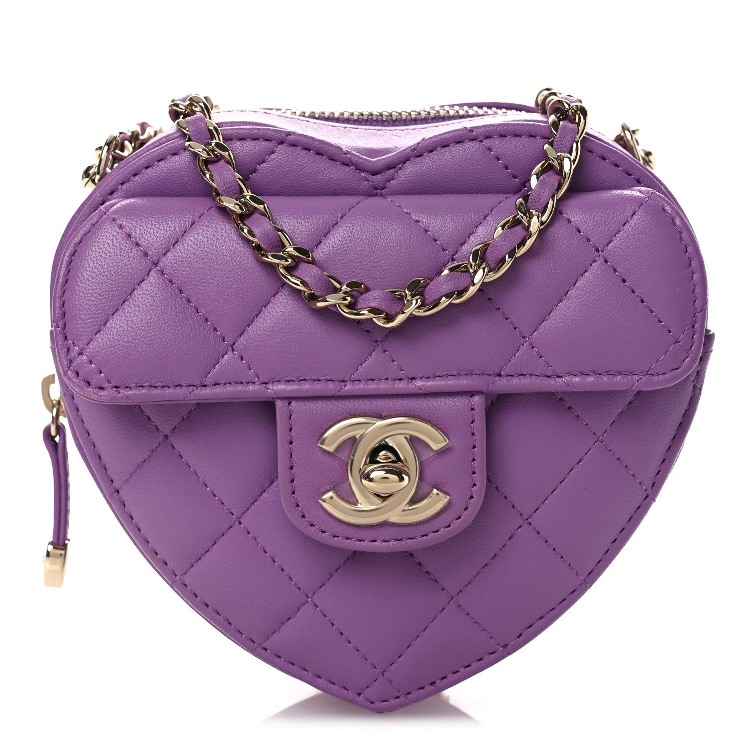 Lambskin Quilted CC In Love Heart Clutch With Chain Purple