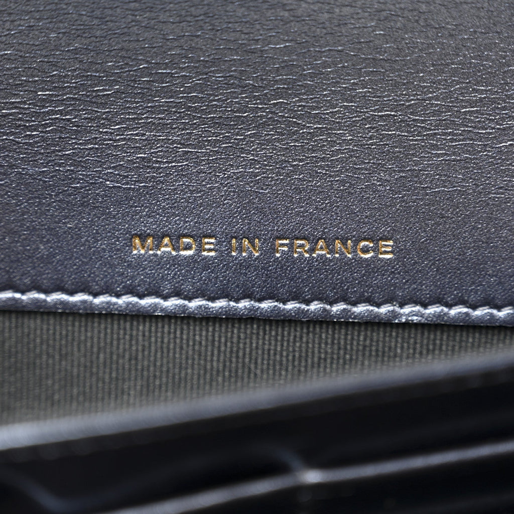 Metallic Lambskin Quilted Large Gusset Flap Wallet Dark Blue