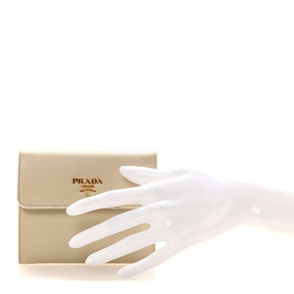 Saffiano Metal Tri-Fold Compact Wallet White