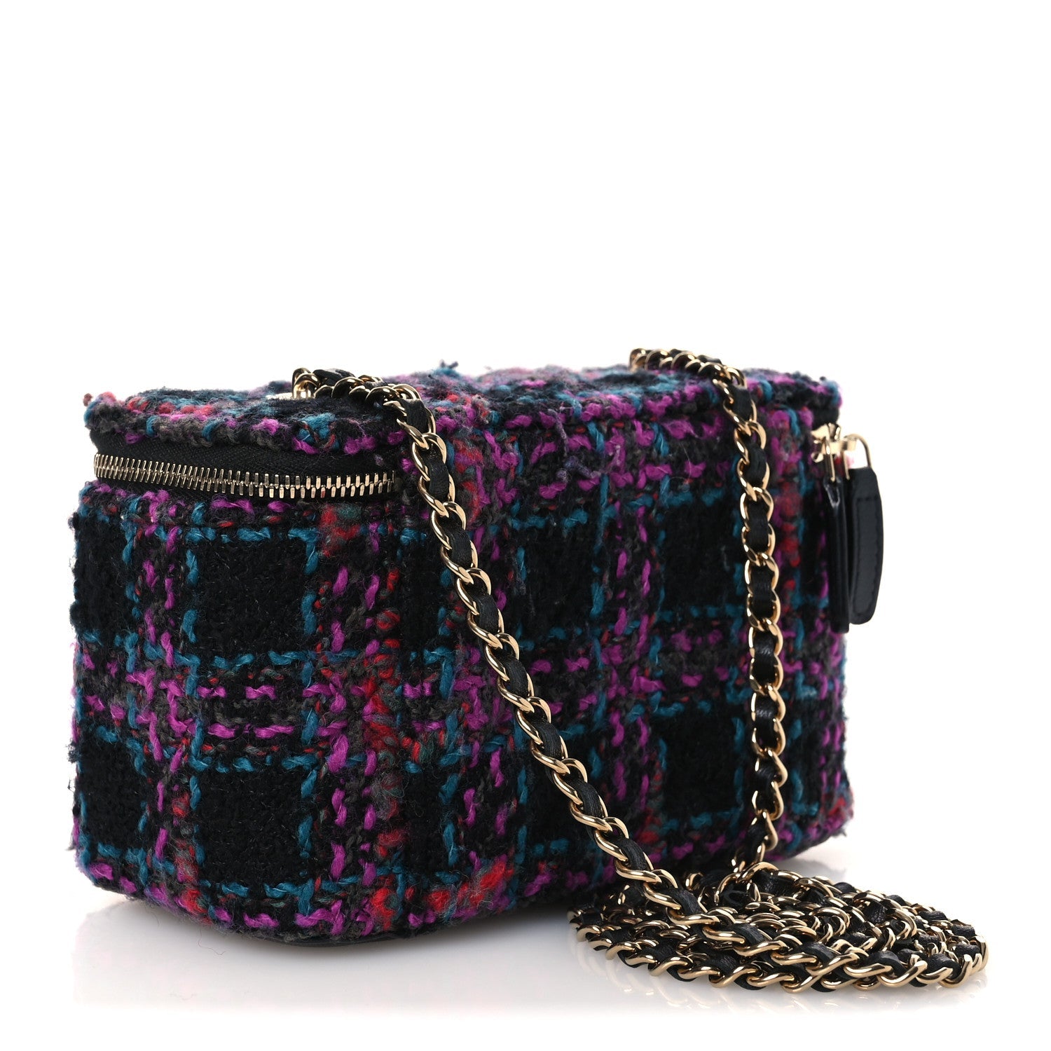 Tweed Quilted Small Vanity Case With Chain Black Purple Green Red
