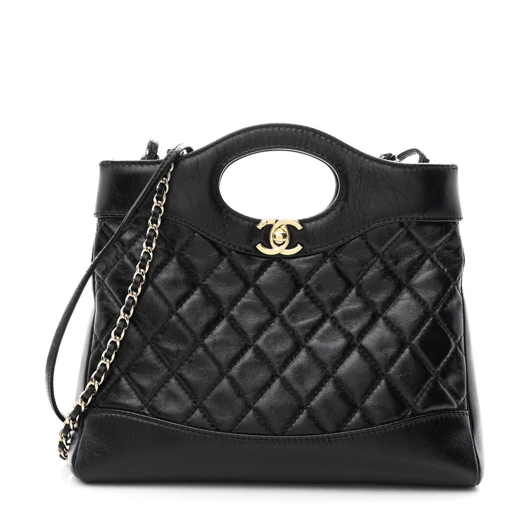 Shiny Crumpled Calfskin Quilted Mini 31 Shopping Bag Black