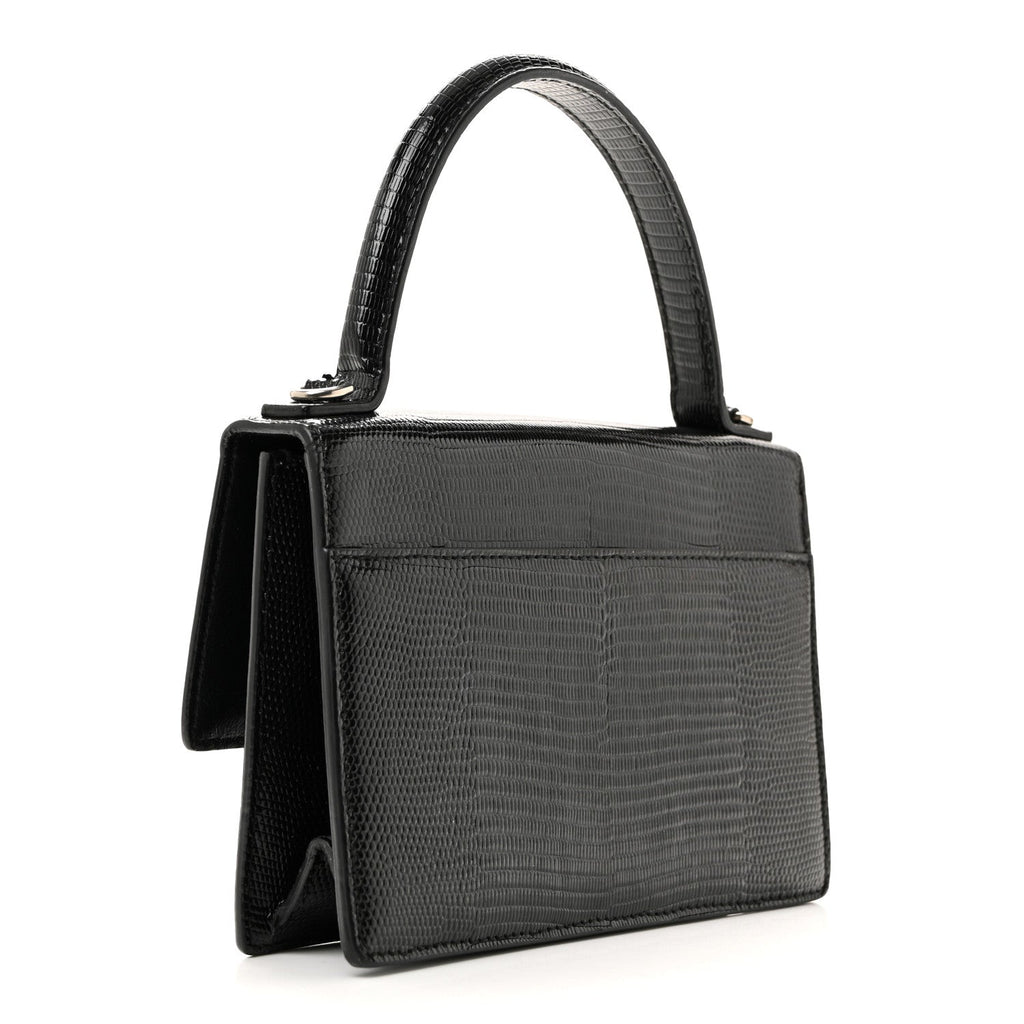 Patent Calfskin Lizard Embossed XS Sharp Top Handle Bag Black