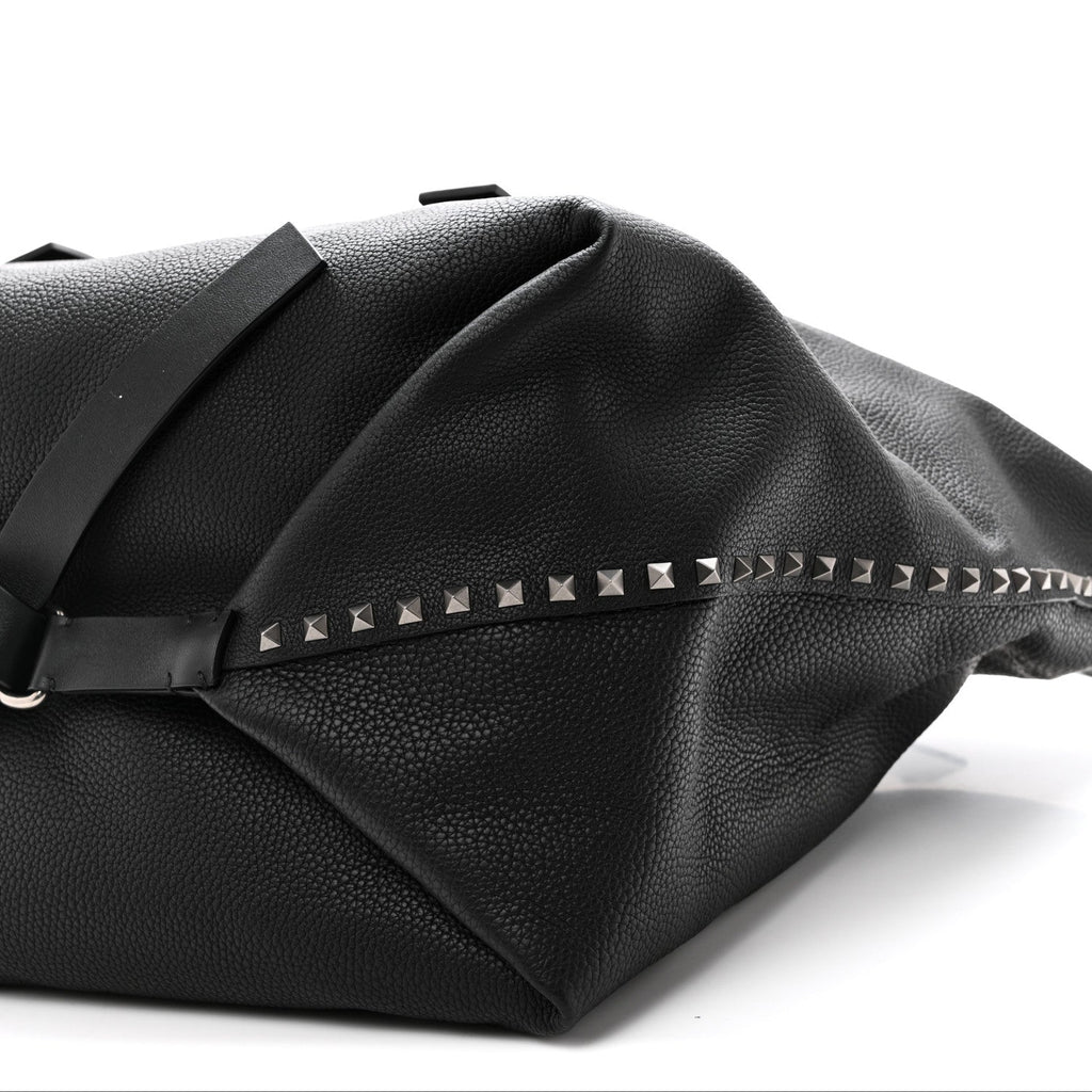 Grained Calfskin Rockstud Travel Tote Bag Black