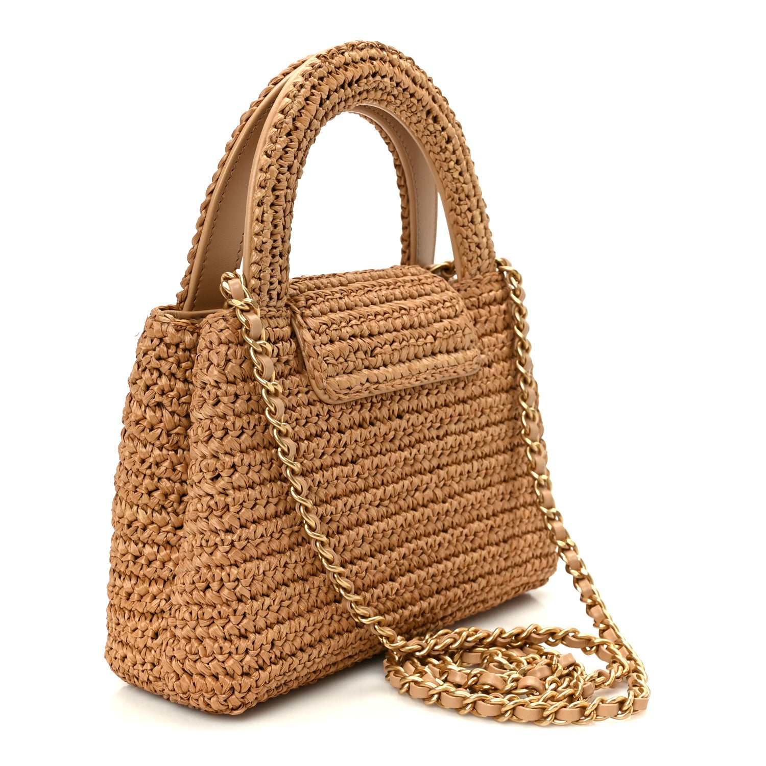 Braided Raffia Nano Kelly Flap Bag Dark Beige