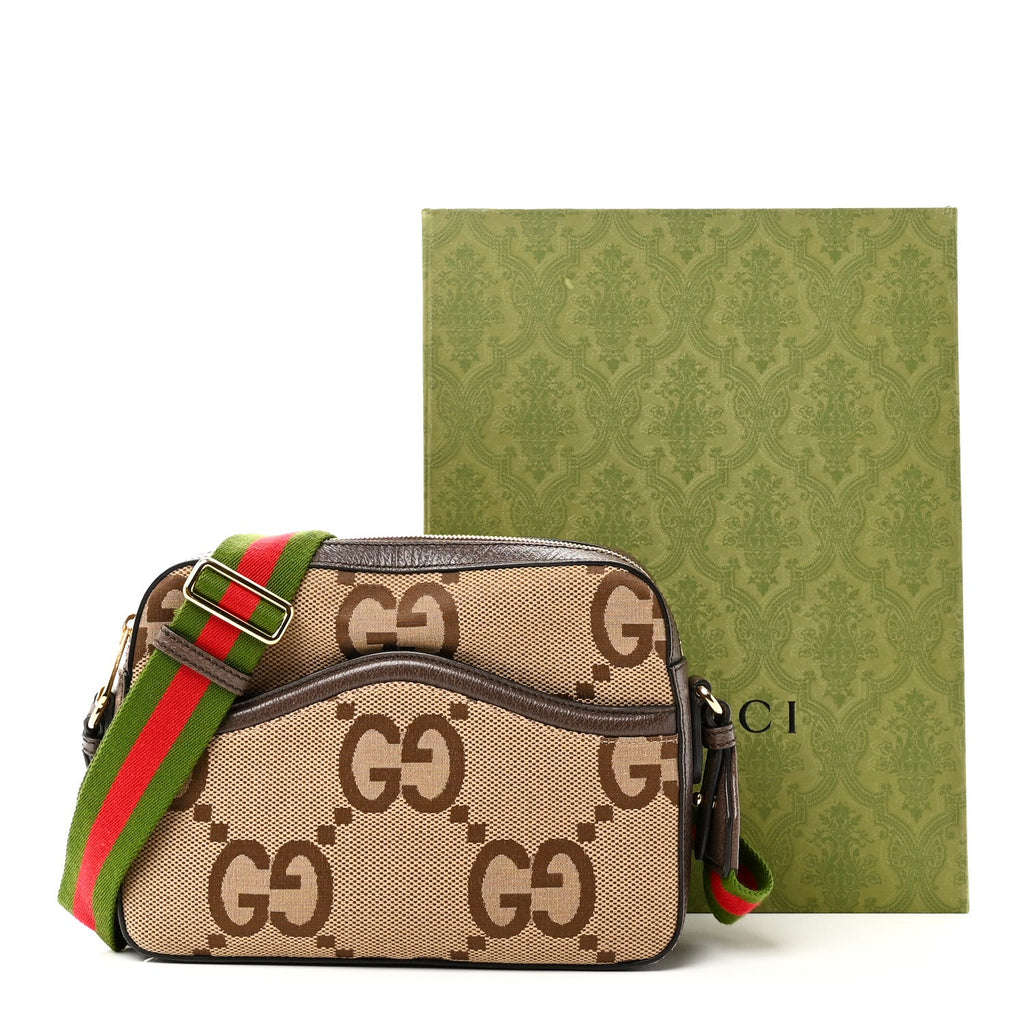 Monogram Jumbo GG Textured Dollar Calfskin Web Messenger Shoulder Bag Camel Ebony New Acero