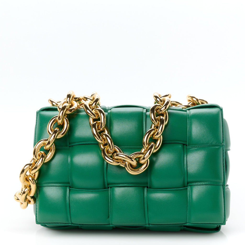 Lambskin Maxi Intreccio Padded Chain Cassette Crossbody Bag Racing Green