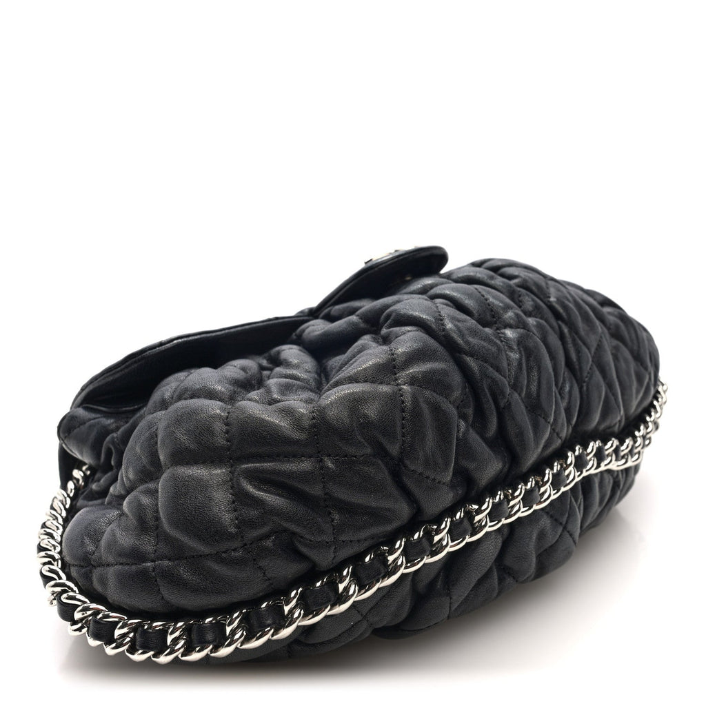 Washed Lambskin Quilted Medium Chain Around Messenger Black