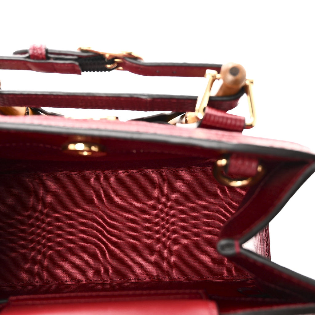 Moire Fabric Calfskin Rhinestone Monogram Monochrome Lizard Embossed Mini Diana Tote Bag Red