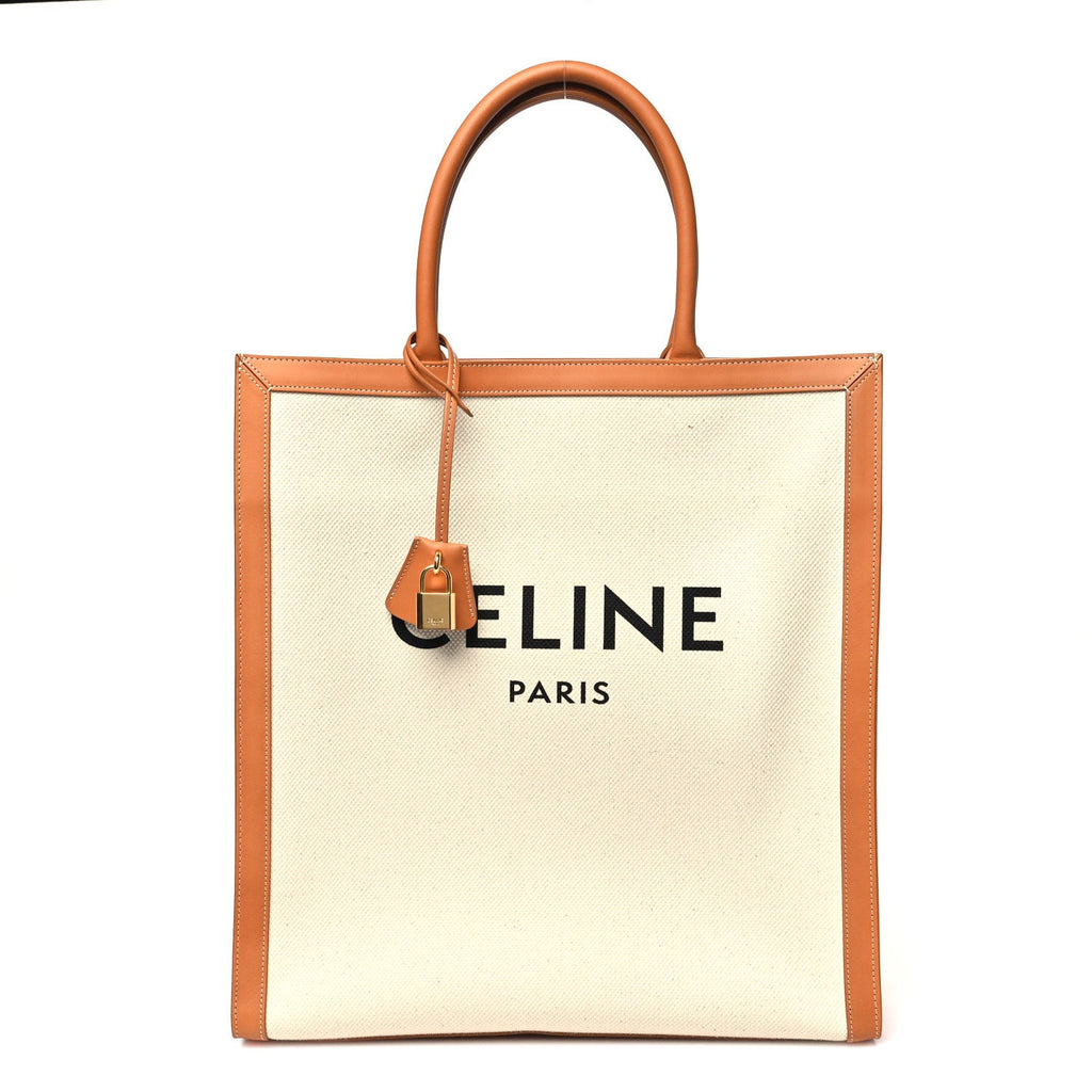 Canvas Calfskin Logo Print Vertical Cabas Natural Tan