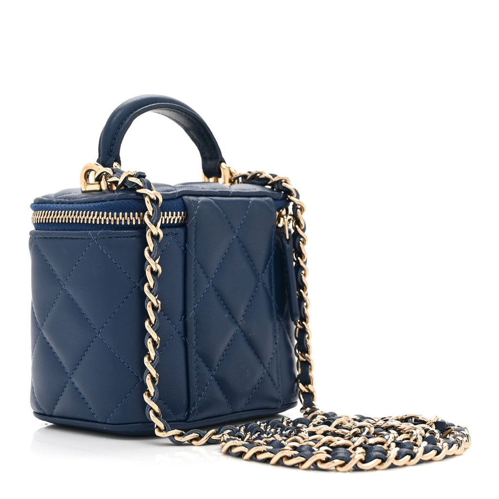 Lambskin Quilted Top Handle Mini Vanity Case With Chain Blue