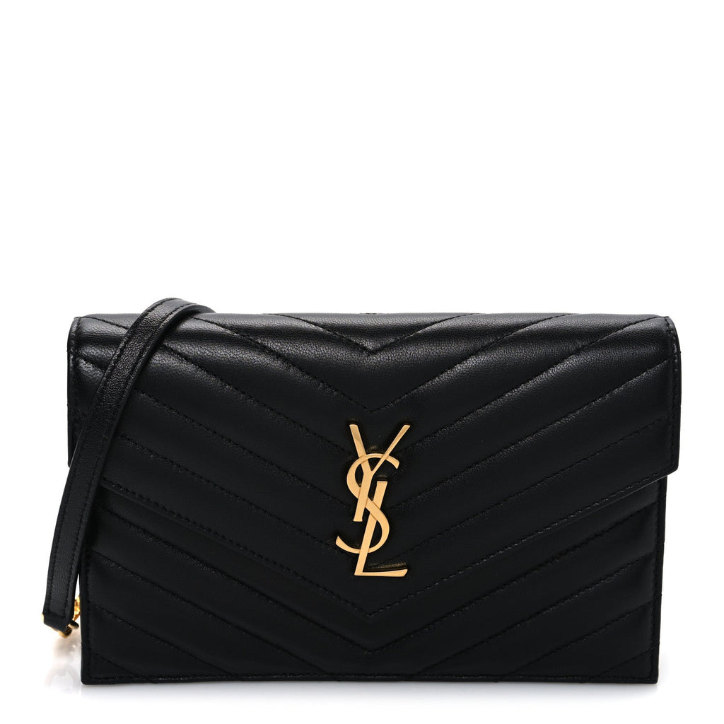Lambskin Matelasse Chevron Monogram Envelope Chain Wallet Black