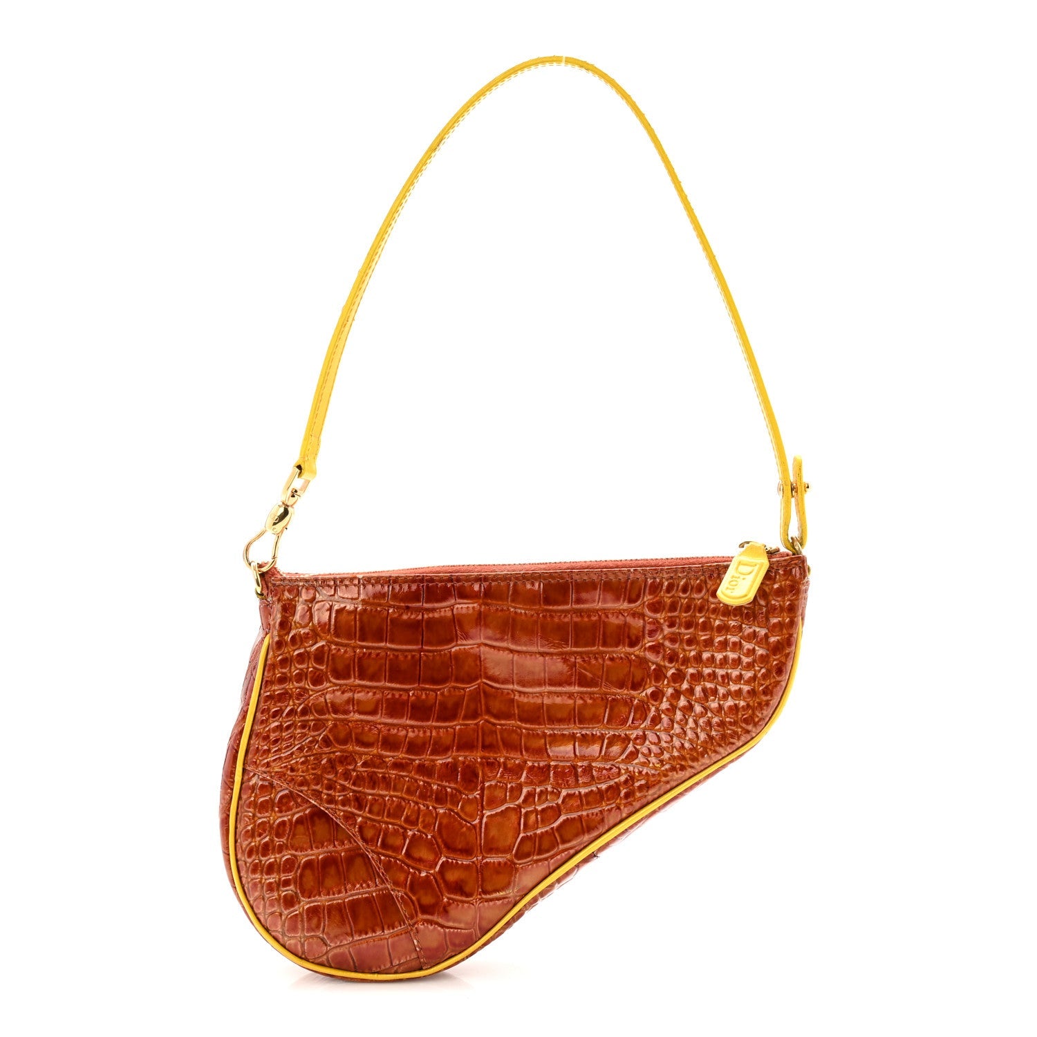 Patent Calfskin Crocodile Embossed Mini Saddle Pochette Orange