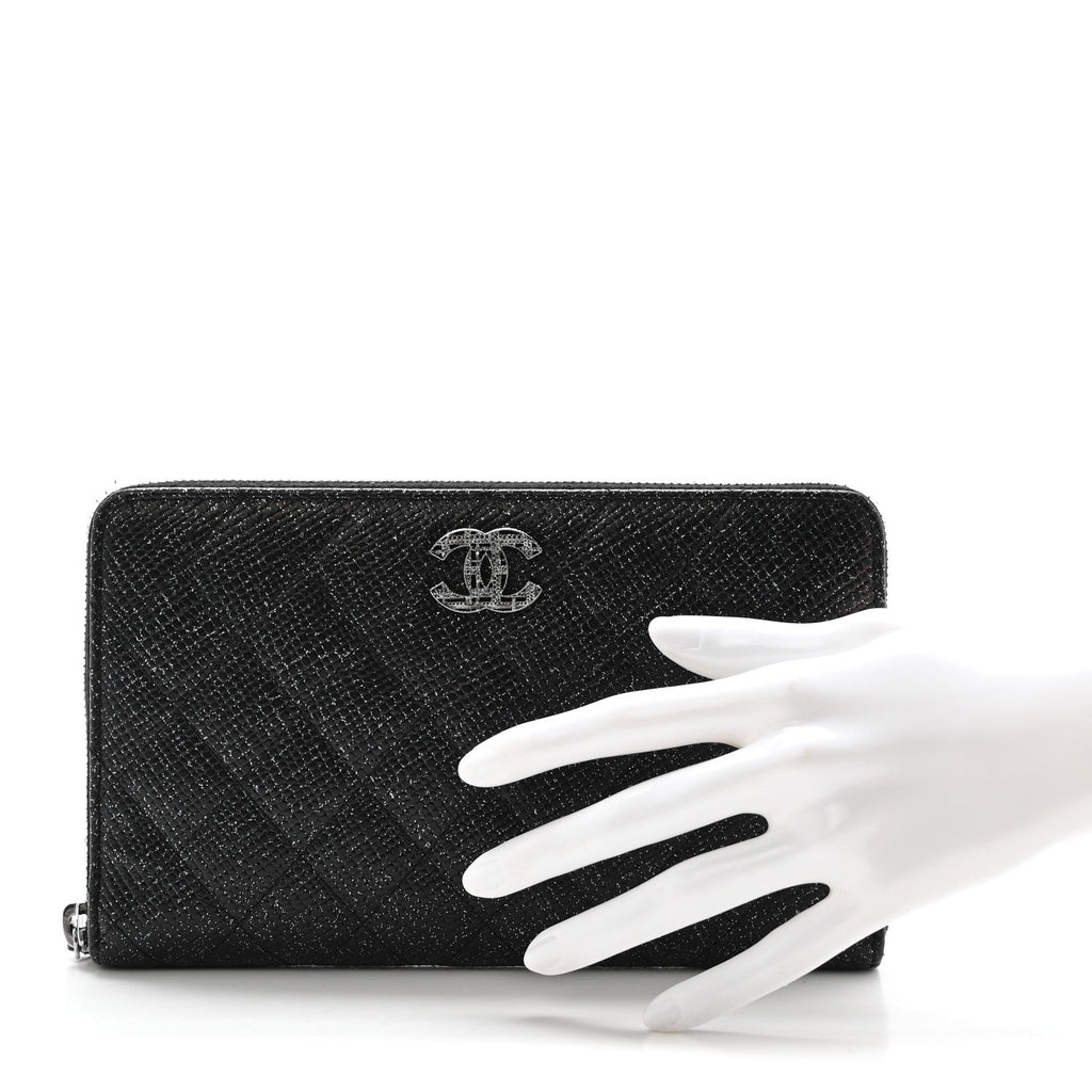 Glittered Calfskin Quilted Large Zip Around Organizer Wallet Black