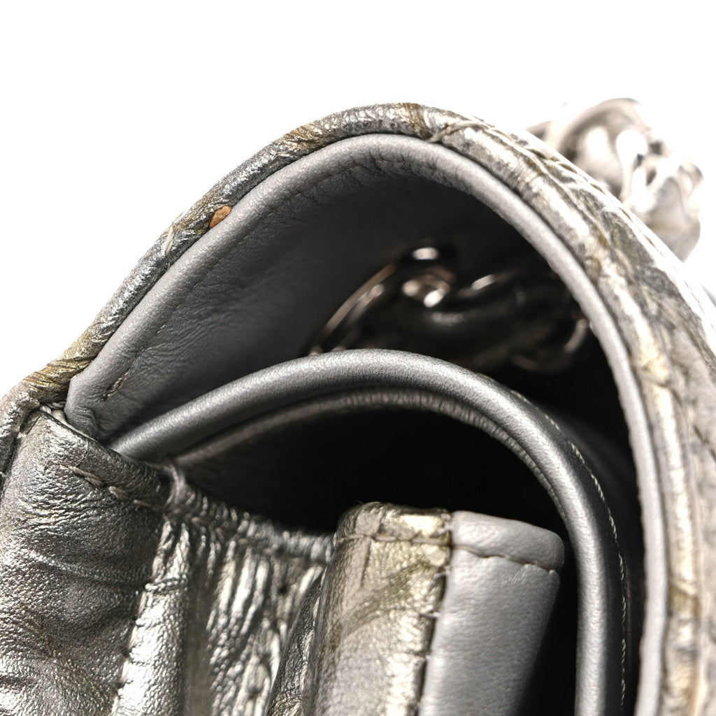 Metallic Patent Crumpled Calfskin Chevron Quilted Medium Double Flap Silver
