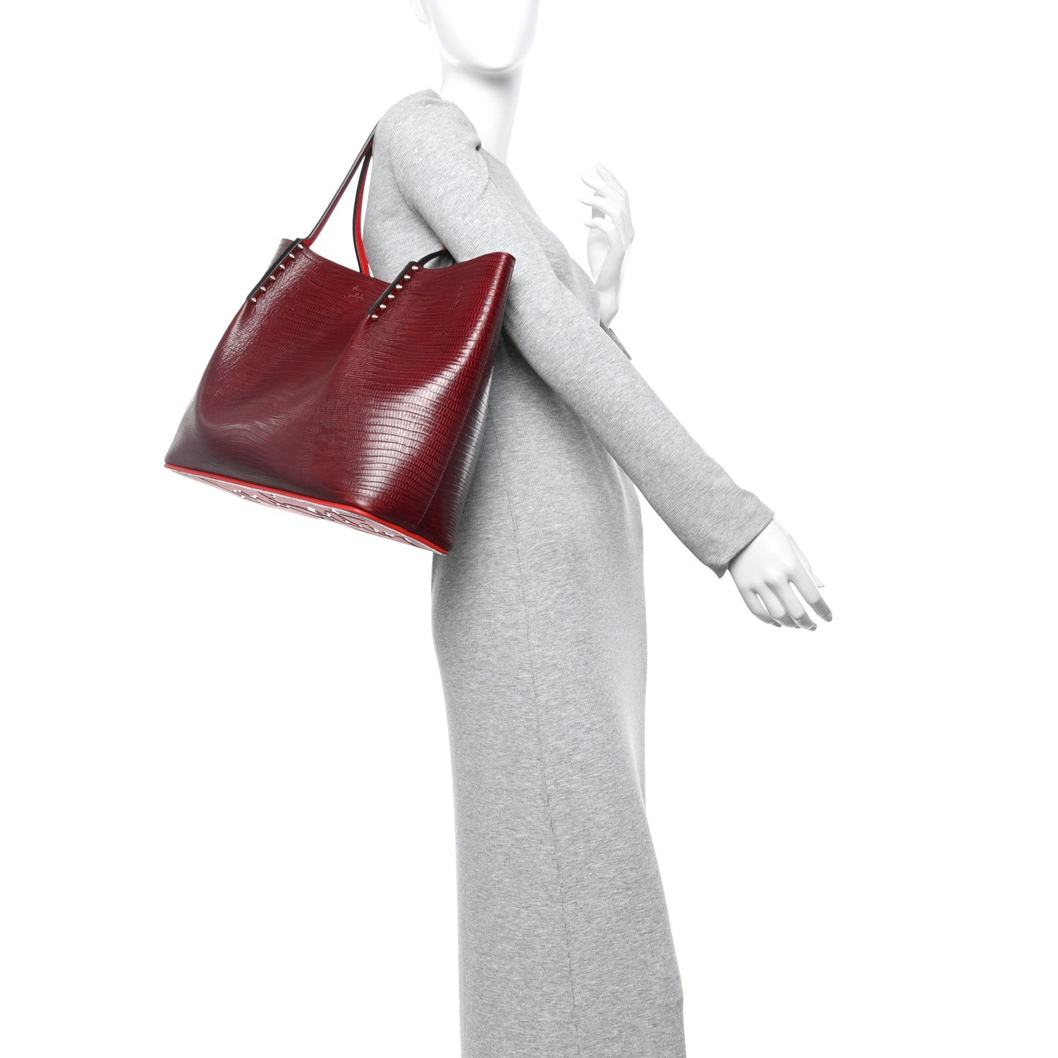 Lizard Embossed Calfskin Spiked Small Cabarock Shopper Tote Bourbon