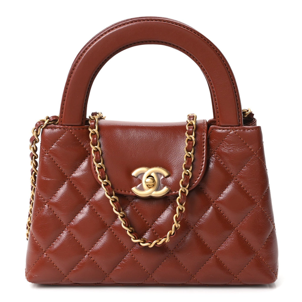 Shiny Aged Calfskin Quilted Nano Kelly Shopper Brown