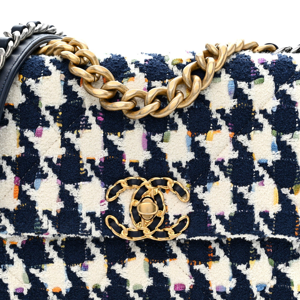 Tweed Quilted Medium Chanel 19 Flap Ecru Navy Blue Multicolor