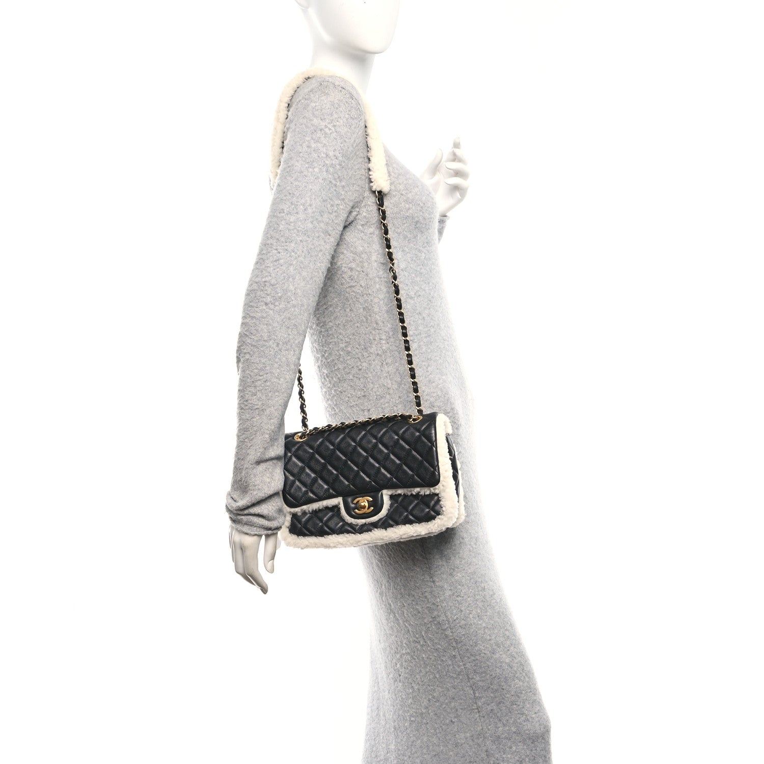 Lambskin Shearling Large CC Flap Bag Black White