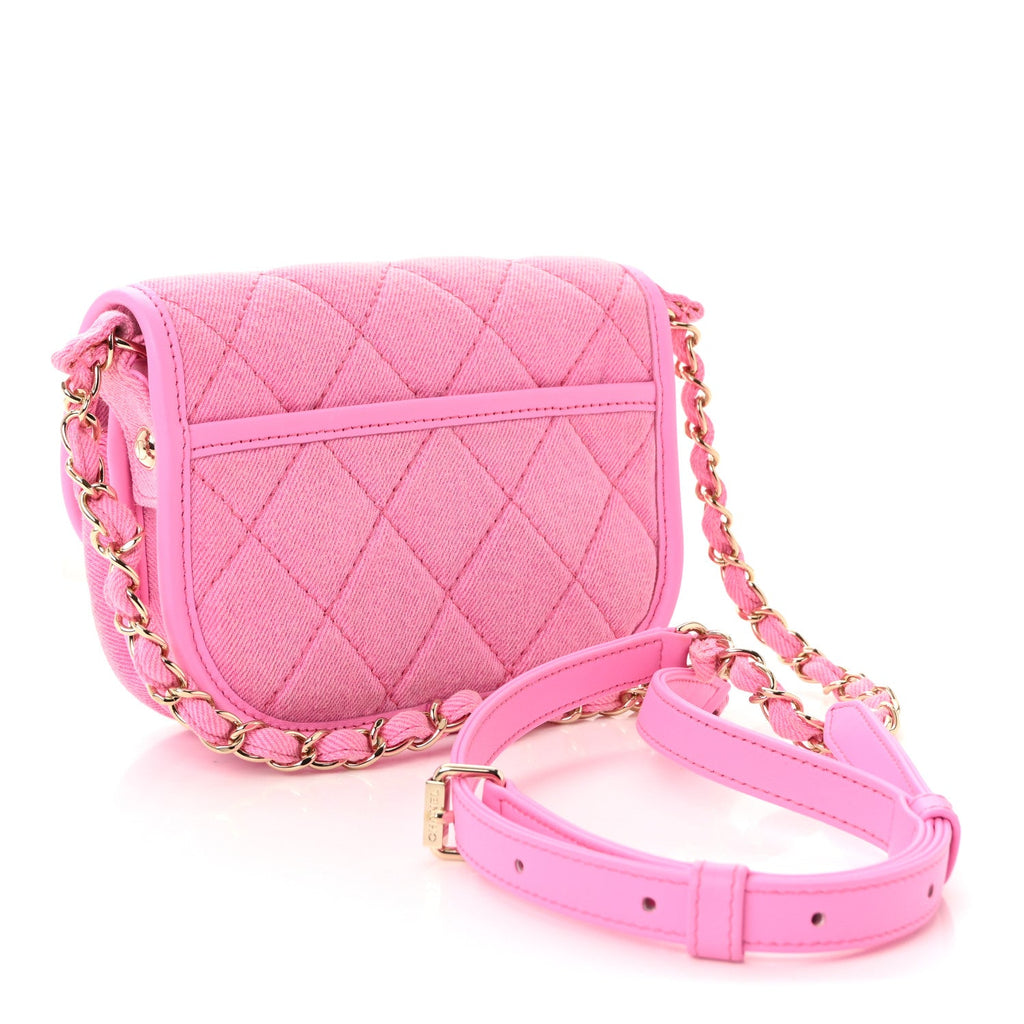 Denim Quilted Mini Messenger Flap Neon Pink