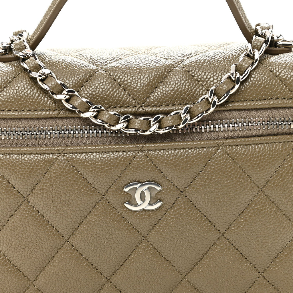 Caviar Quilted Top Handle Slim Vanity With Chain Dark Khaki
