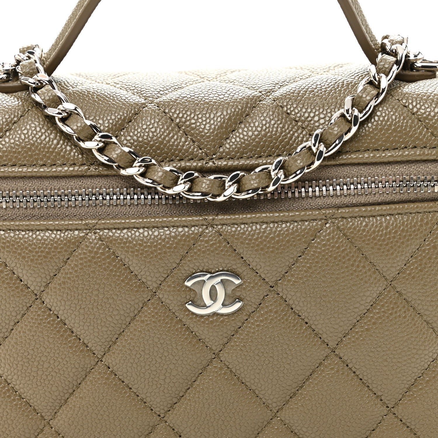Caviar Quilted Top Handle Slim Vanity With Chain Dark Khaki