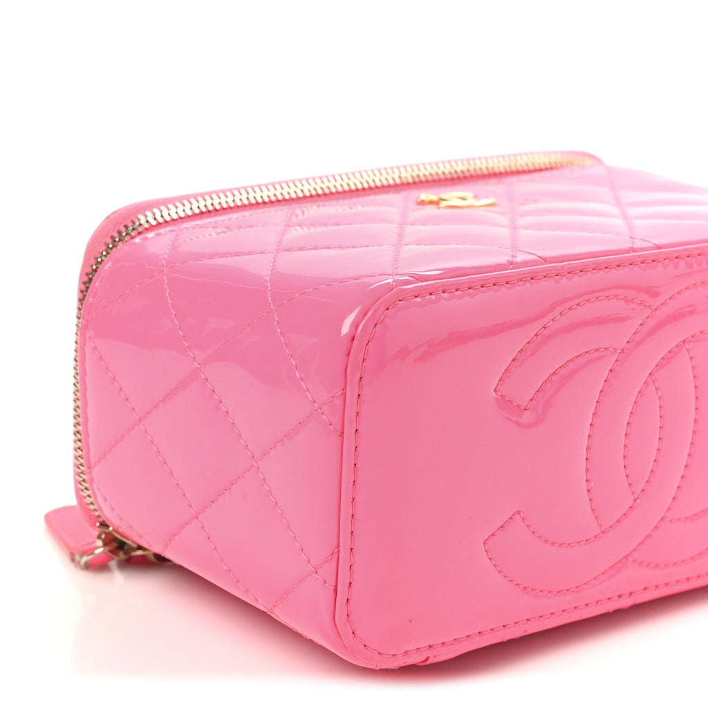 Patent Quilted Pearl Crush Small Vanity Case With Chain Neon Pink