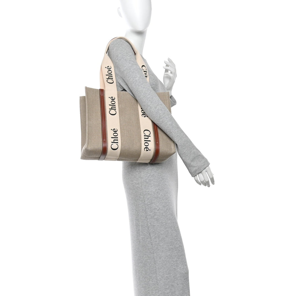 Linen Calfskin Medium Woody Ribbon Tote White Brown