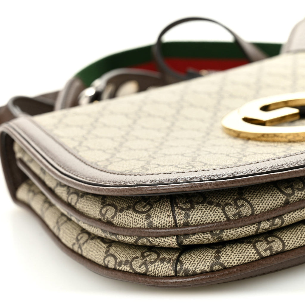 GG Supreme Monogram Textured Dollar Calfskin Web Medium Blondie Top Handle Shoulder Flap Bag Beige Ebony New Acero