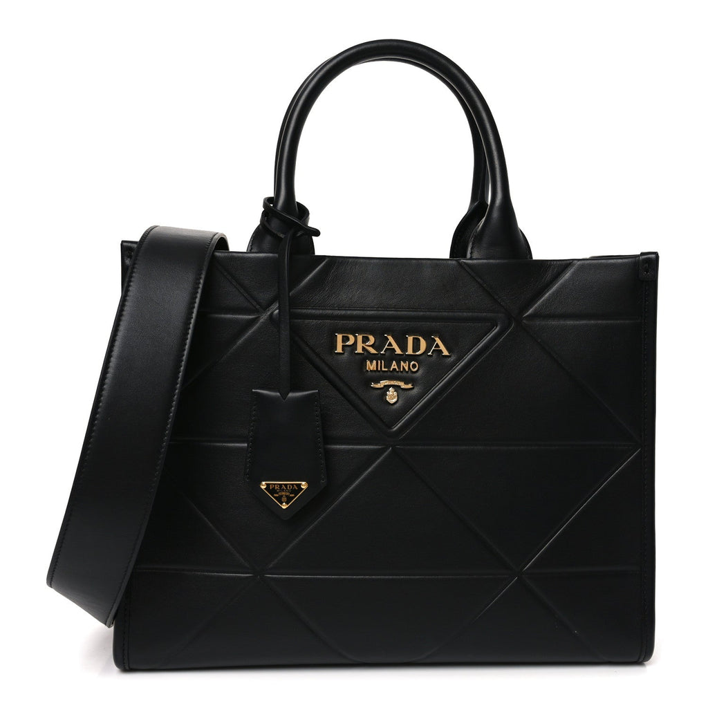 Soft Calfskin Triangolo Symbole Embossed Small Tote Black