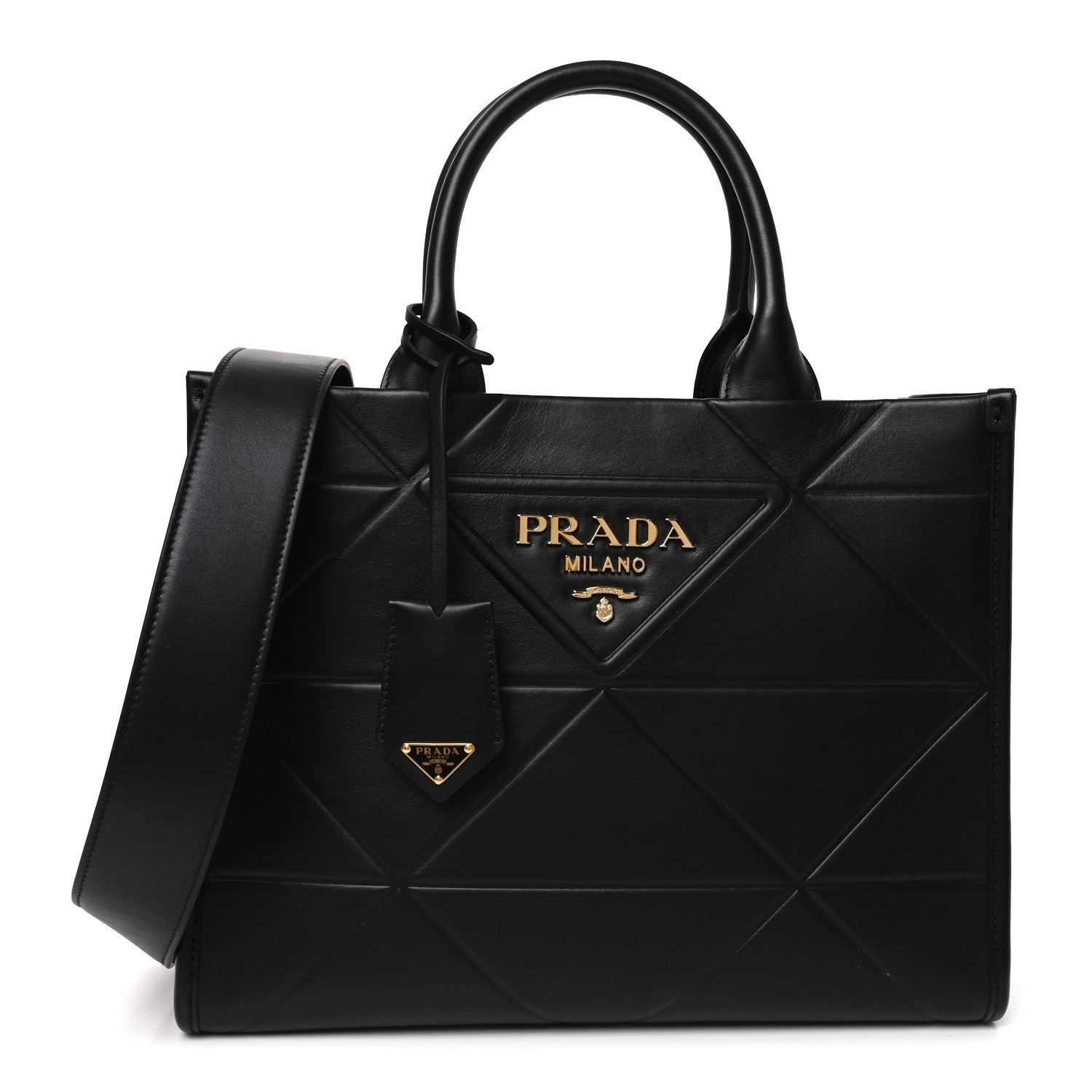 Soft Calfskin Triangolo Symbole Embossed Small Tote Black