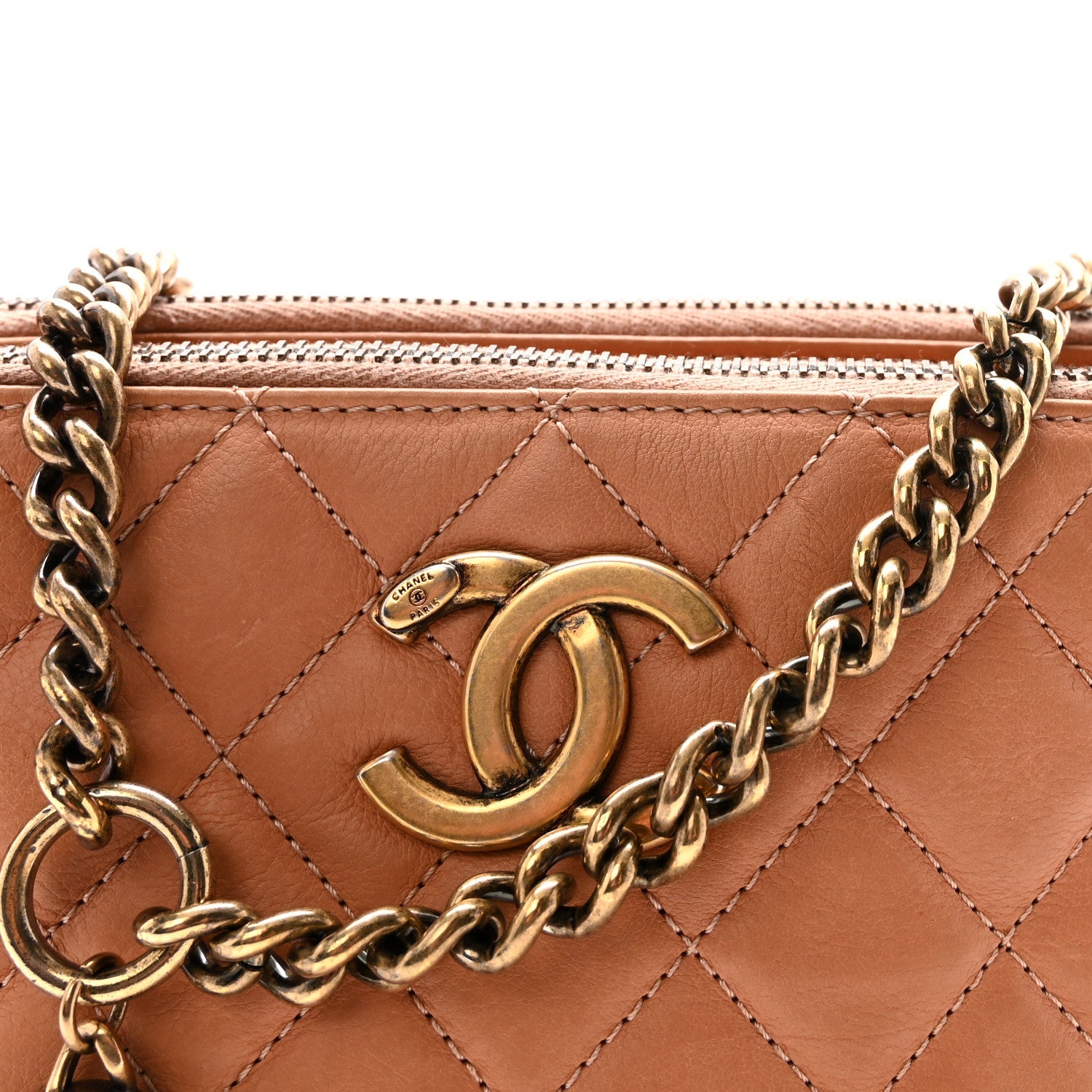 Calfskin Quilted Crown CC Double Zip Bag Beige