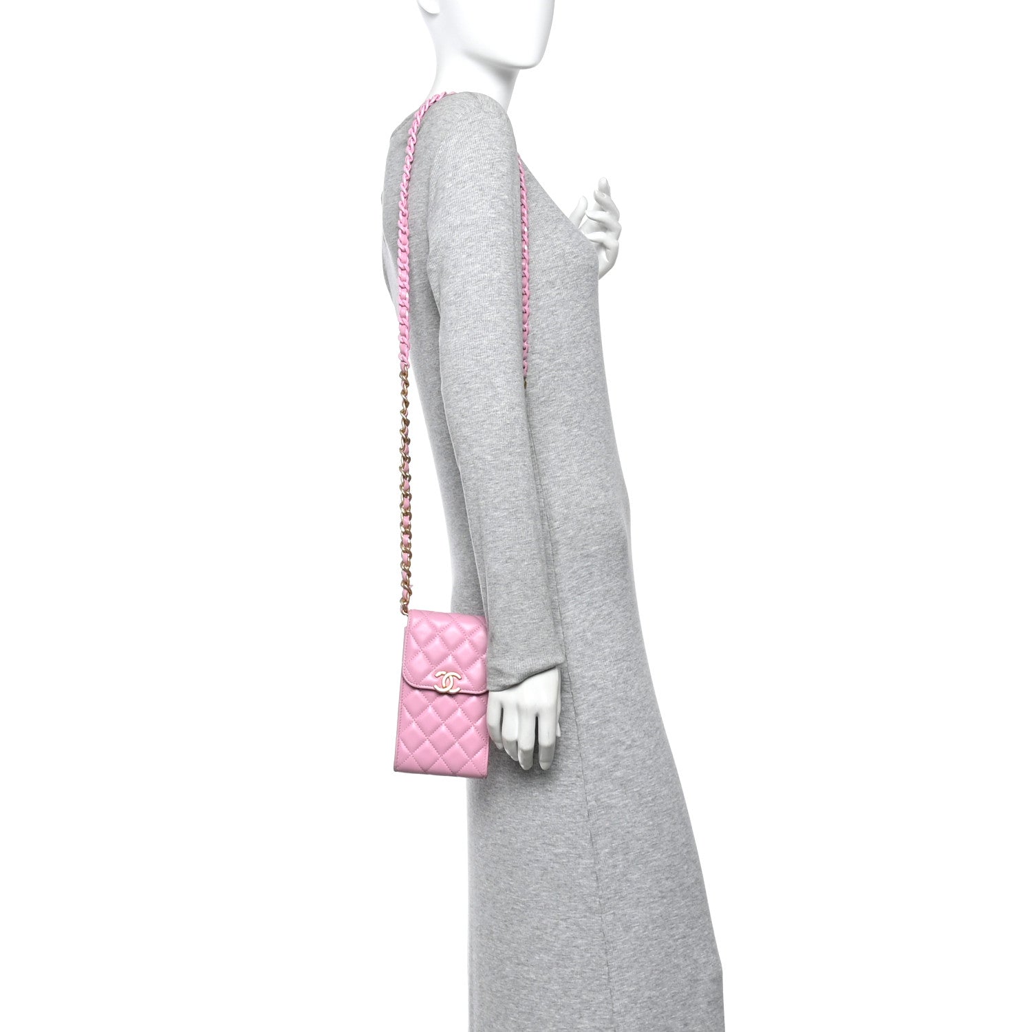 Lambskin Quilted Lacquered Chain Phone Holder With Chain Dark Pink