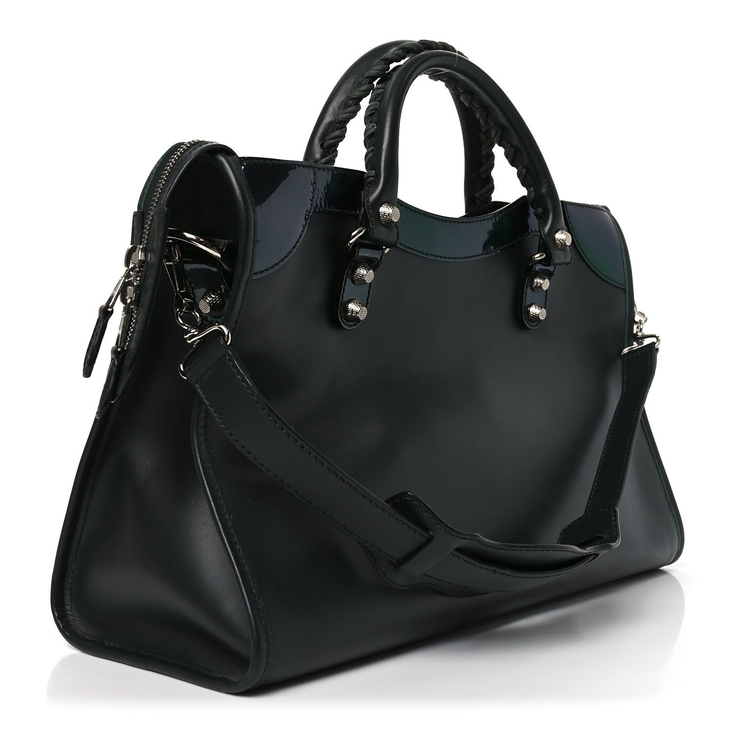 Smooth Calfskin Metallic Patent Giant 12 Silver Hardware City Vert Poker Fonce