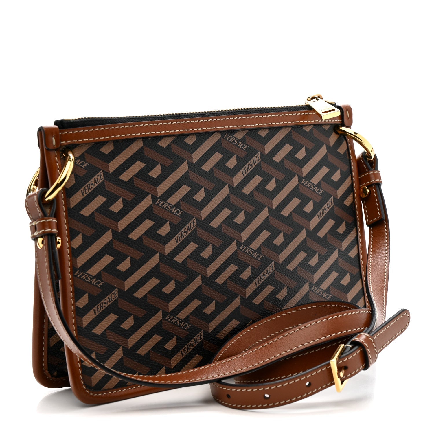 Coated Canvas Medium La Greca Signature Pouch Black Caramel