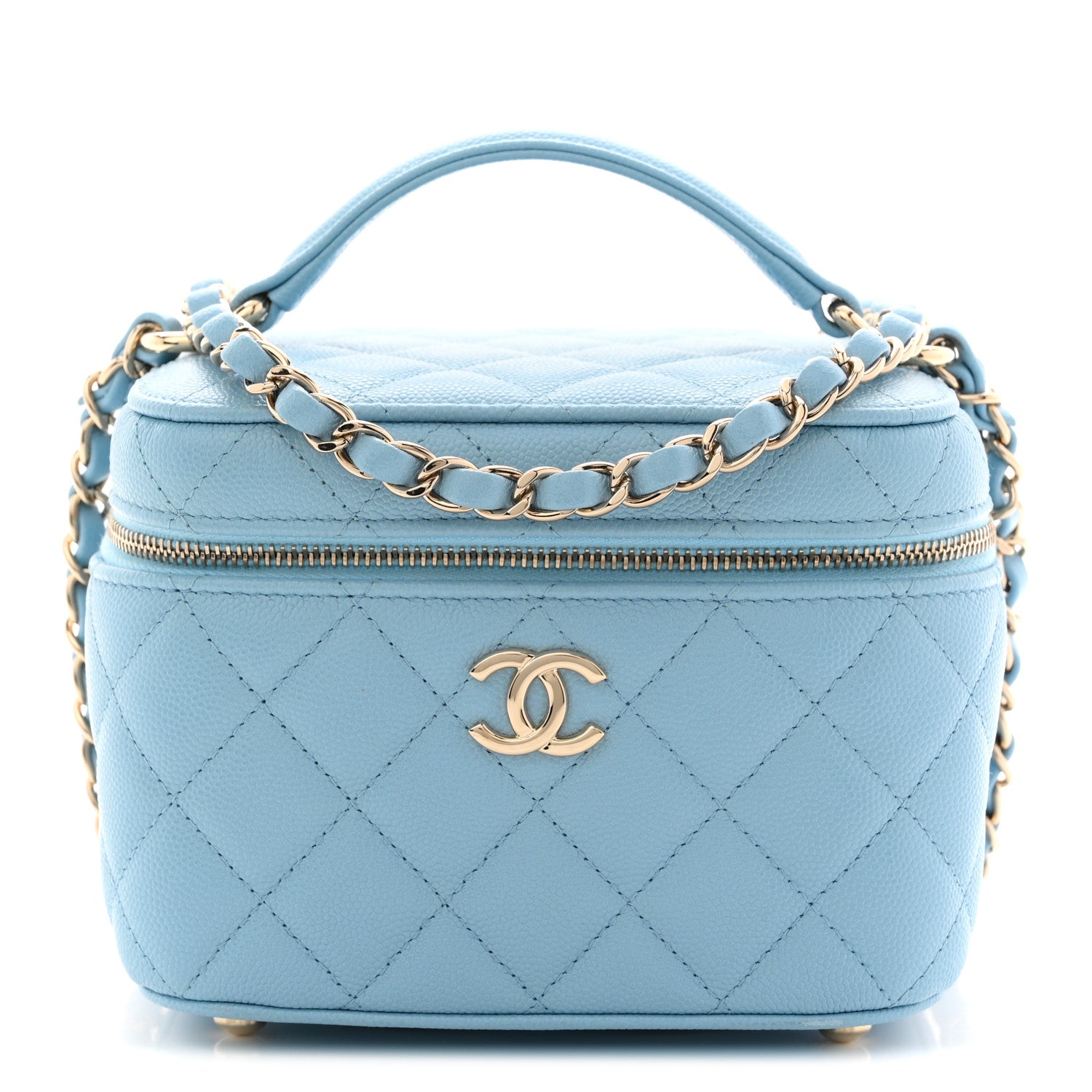 Caviar Quilted Top Handle Vanity Case With Chain Blue