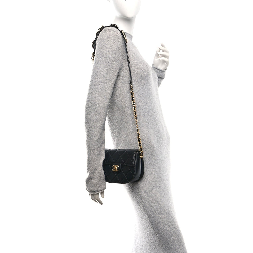 Shiny Calfskin Quilted Buckle Moon Messenger Black