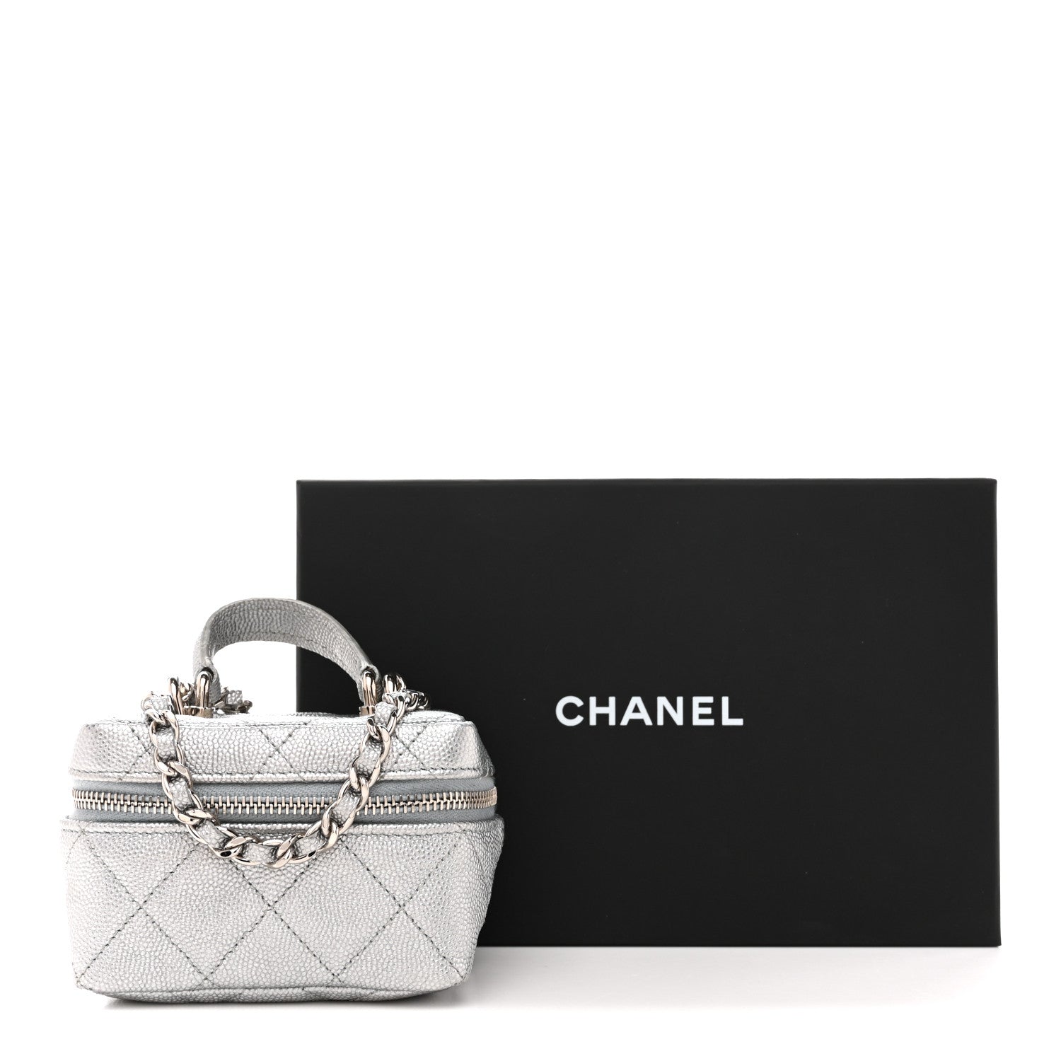 Metallic Caviar Quilted Mini Top Handle Vanity With Chain Silver