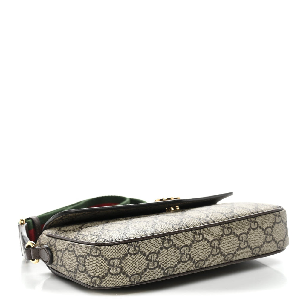 GG Supreme Monogram Textured Dollar Calfskin Web Mini Ophidia Envelope Shoulder Bag Beige Ebony New Acero