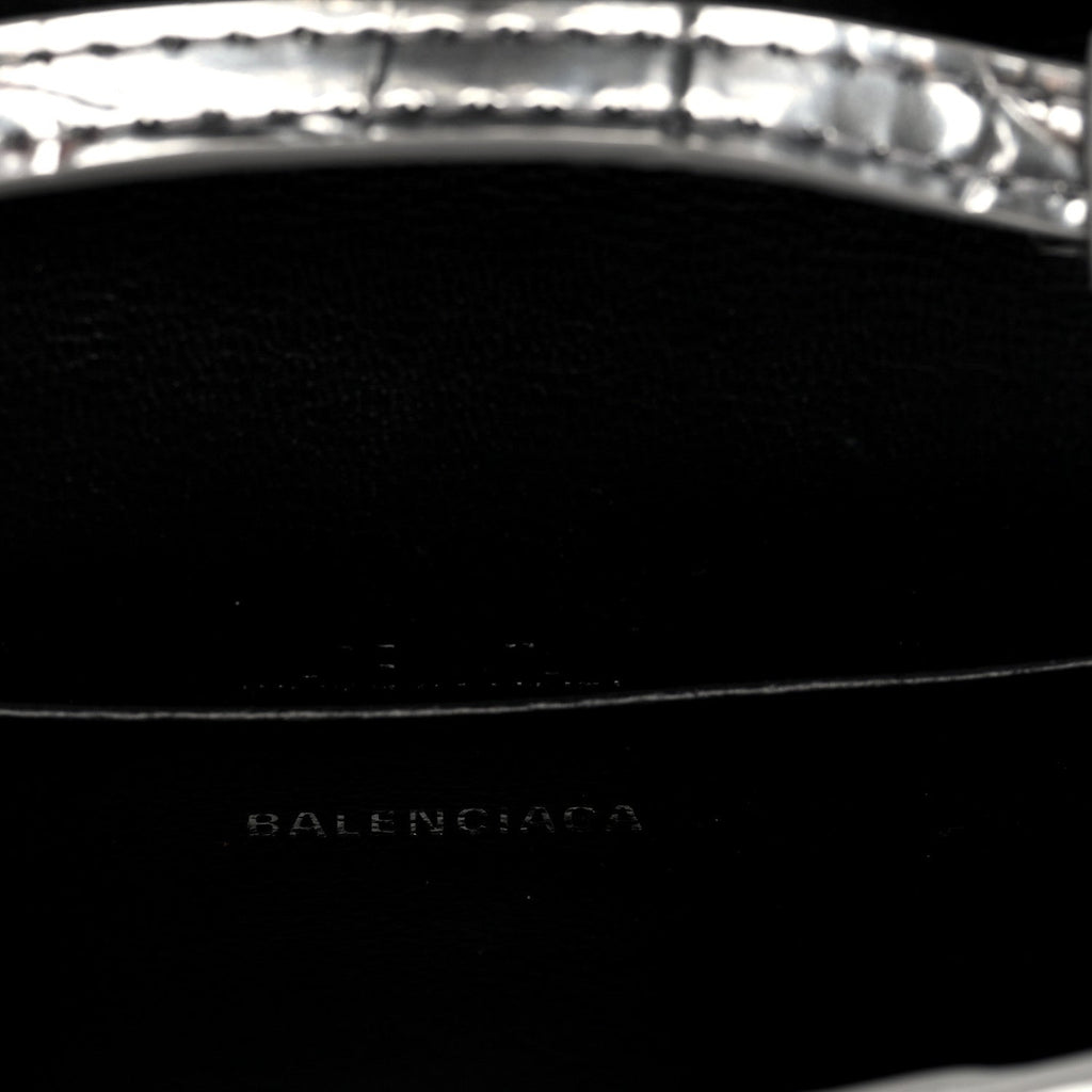 Metallic Calfskin Crocodile Embossed Hourglass Top Handle Bag Mini Silver
