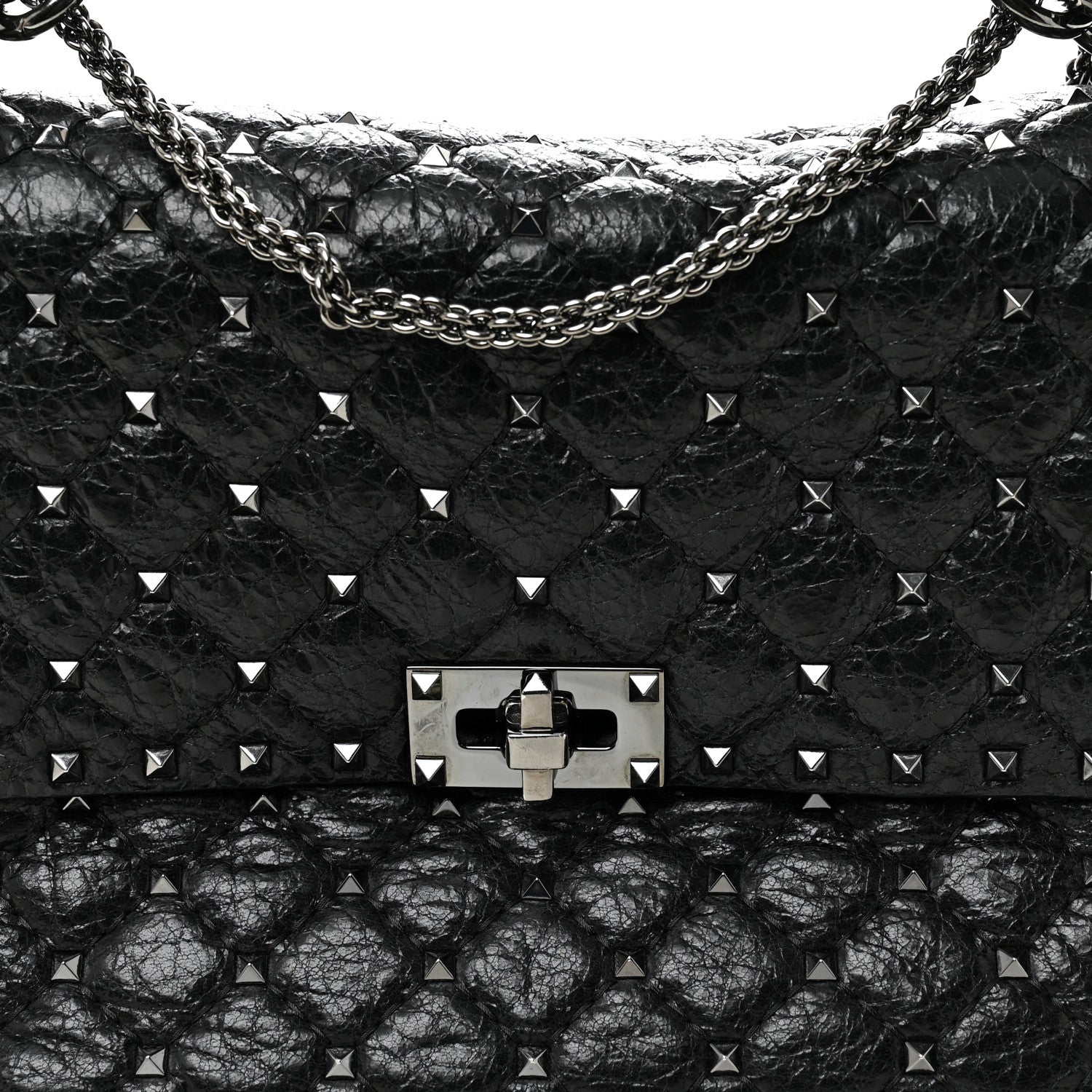 Craquele Nappa Large Rockstud Spike Shoulder Bag Black