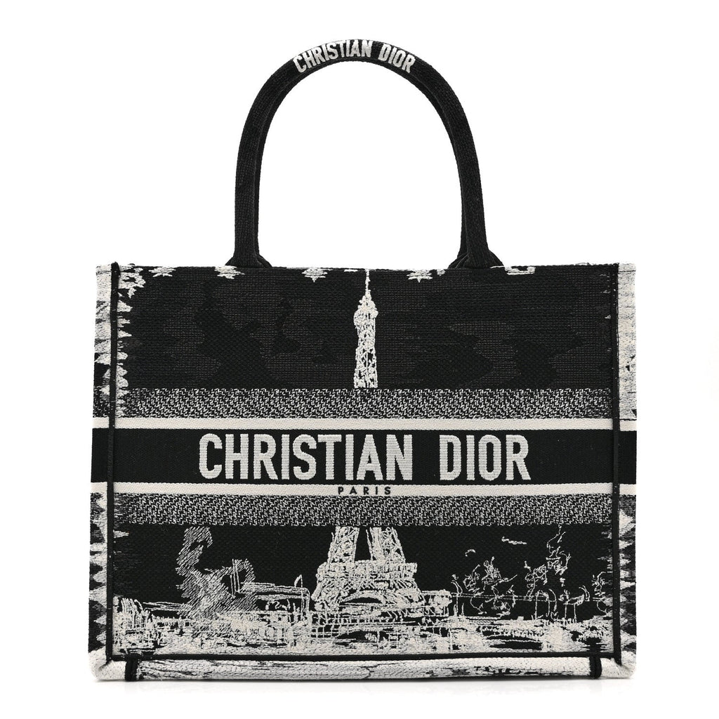 Canvas Embroidered Medium Paris Book Tote Black White