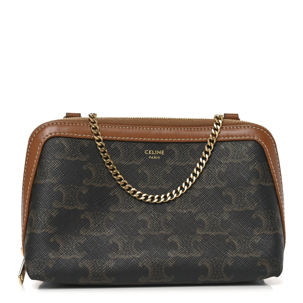 Triomphe Canvas Lambskin Clutch On Chain Tan