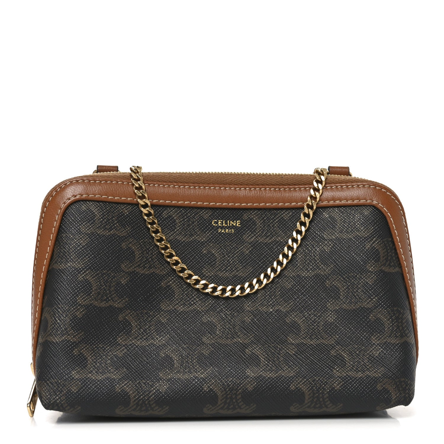Triomphe Canvas Lambskin Clutch On Chain Tan