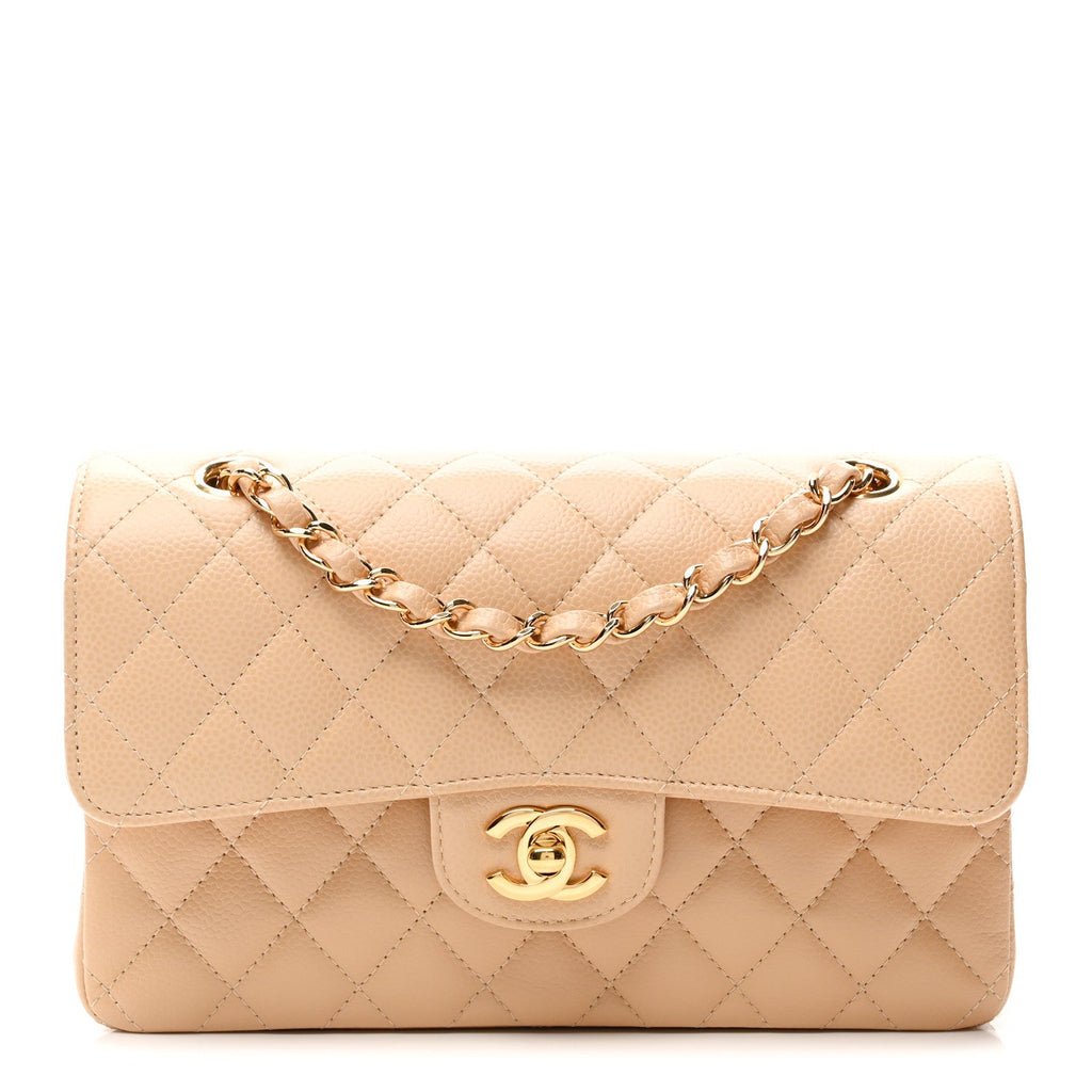 Caviar Quilted Small Double Flap Beige