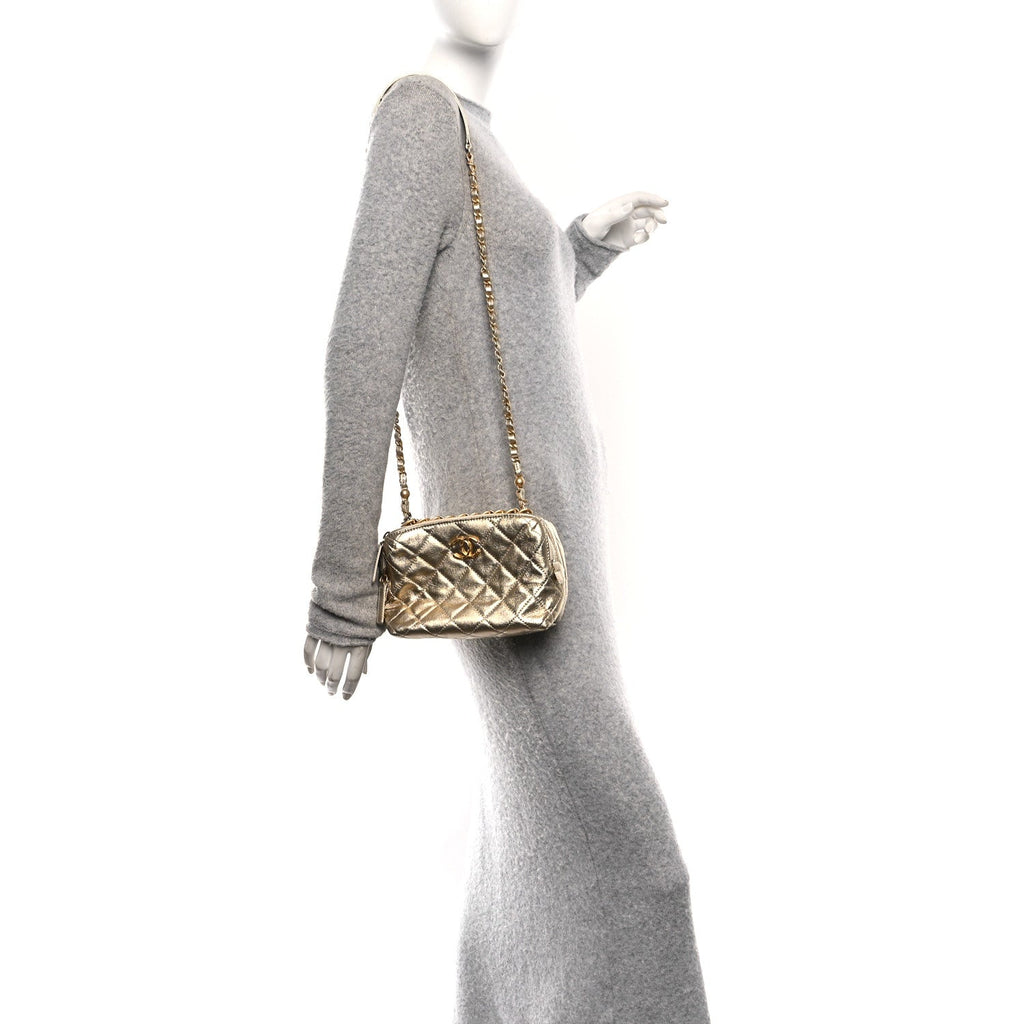 Metallic Lambskin Quilted Mini Bowling Bag Gold