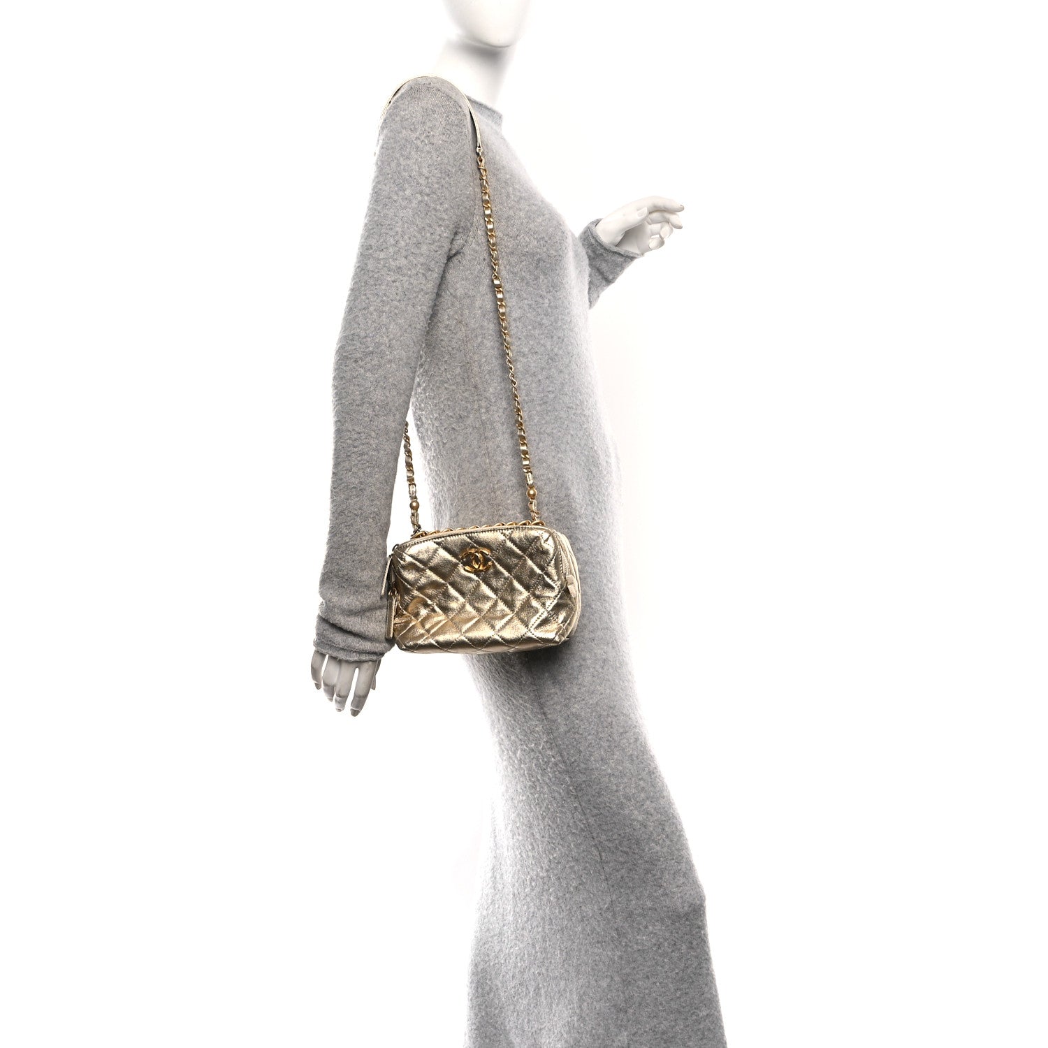 Metallic Lambskin Quilted Mini Bowling Bag Gold